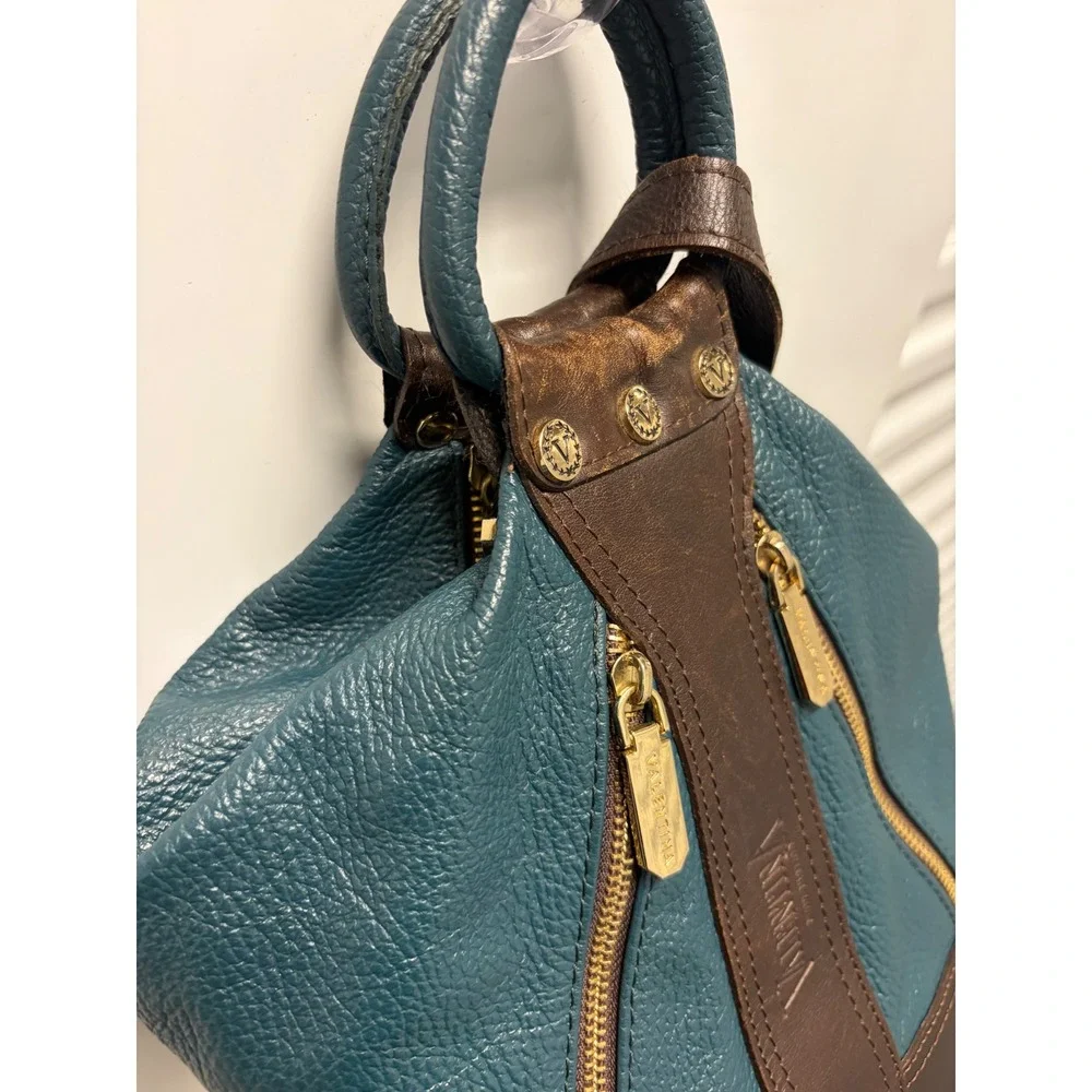 Vintage Valentina Pebble Leather Convertible Teal Brown Made in Italy Good